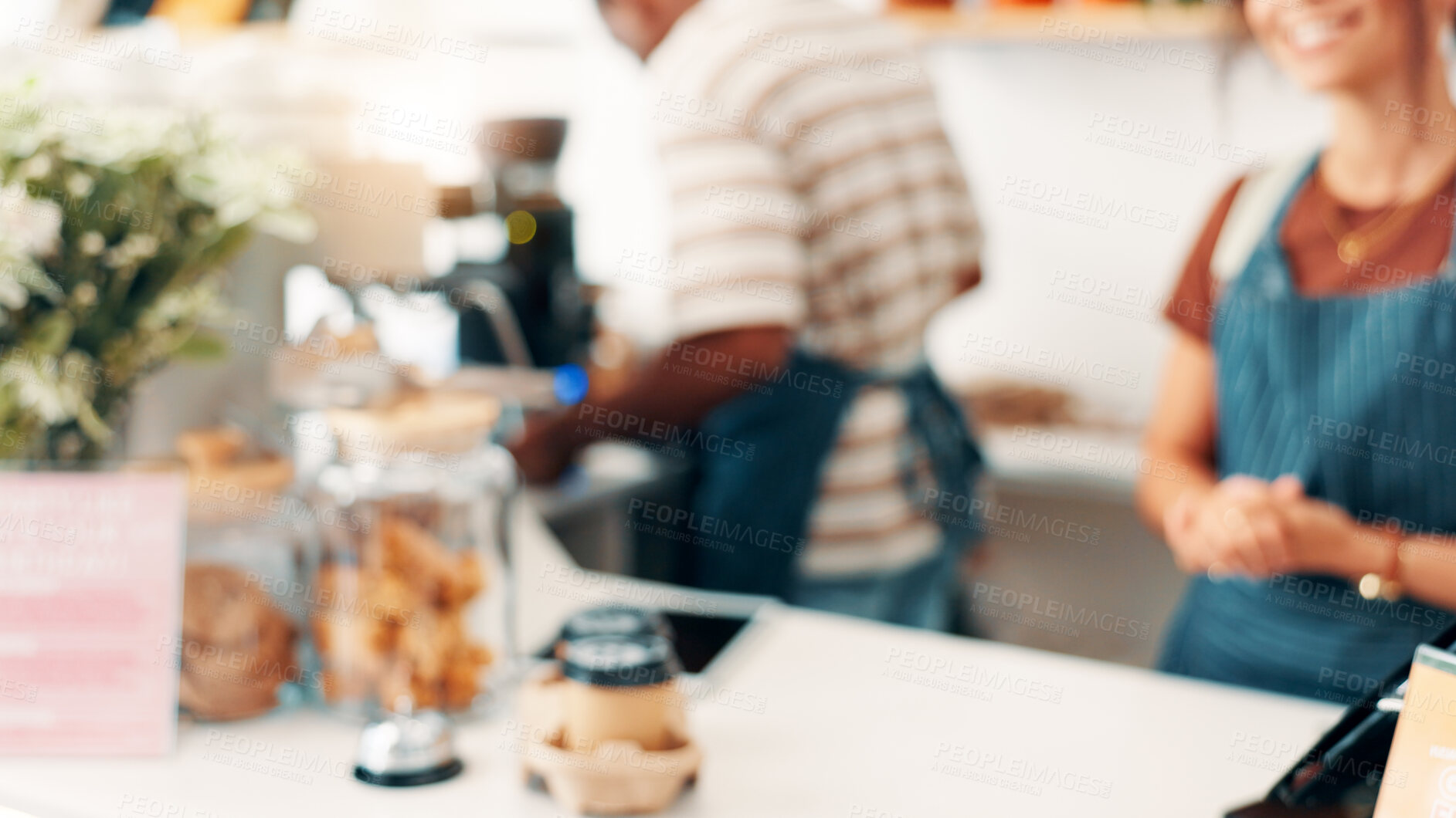 Buy stock photo Blur, counter and barista at cafe for order, help or customer service at restaurant in morning. Hospitality, startup business and waitress at pay point for transaction, pos or sale at coffee shop.