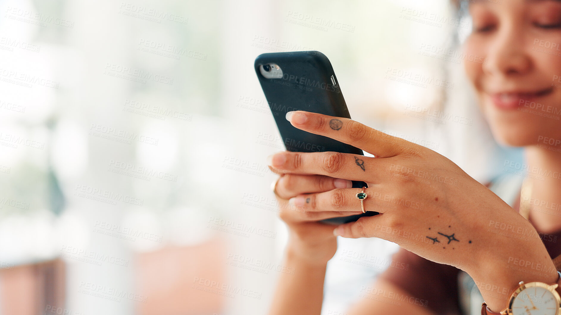 Buy stock photo Cafe, woman and hands with smartphone for social media, online communication and comment for reel. Restaurant, female person and customer with mobile for application, laughing and chat with contact