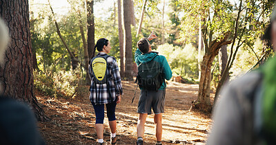 Buy stock photo Pointing, back or couple on trail for hiking, outdoor adventure or journey in forest together. Relationship, exercise or people in woods for holiday retirement, walking or trekking to explore nature