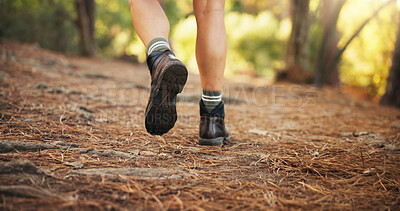 Buy stock photo Legs, hiking and trail in forest, outdoor and fitness with steps, shoes and adventure in nature. Person, hiker and feet on ground in woods, explore and tourism with path for journey in Argentina