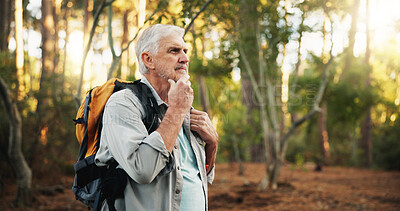 Buy stock photo Hiking, senior man and thinking outdoor with walking direction, retirement hobby and cardio wellness. Trekking, mature person and backpack in forest for sightseeing, nature journey or exploring woods