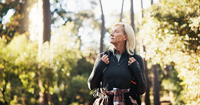 Buy stock photo Thinking, hiking and senior woman outdoor for travel, holiday or vacation for backpacking adventure. Thoughts, trekking and old person in woods for reflection, vision or sightseeing to explore nature