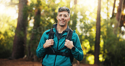 Buy stock photo Portrait, hiker and mature man with smile, journey and adventure in nature, traveller and backpacking. Hiking, travel and person on holiday in woods, trekking and exploration of environment in USA