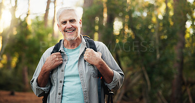 Buy stock photo Portrait, hiking and senior man in forest for travel, holiday or vacation on adventure. Smile, trekking or old person in woods for backpacking, tourism and explore nature in retirement in Switzerland