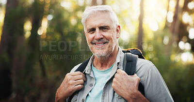 Buy stock photo Portrait, backpacking and senior man in forest, journey and adventure in nature, outdoor and retirement. Hiking, travel and elderly person on holiday in woods, trekking and exploration of environment