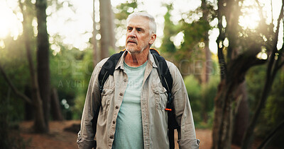 Buy stock photo Thinking, hiking or senior man in woods for outdoor adventure, vacation or walking on holiday. Retirement, travel and elderly person in forest for health, trail or trekking journey to explore nature