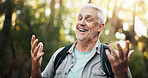Outdoor, hiking and senior man on journey, smile and adventure in nature, traveller and retirement. Backpacking, travel and elderly person on holiday in woods, trekking and exploration of environment