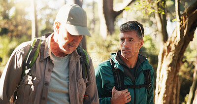 Buy stock photo Fitness, hiking and man friends in forest together for exercise, health activity or hobby. Conversation, summer and wellness with hiker people outdoor in nature or woods for backpacking and trekking