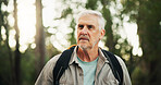 Outdoor, hiking and senior man in forest, journey and adventure in nature, traveller and retirement. Backpacking, travel and elderly person on holiday in woods, trekking or exploration of environment