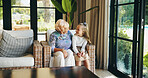 Family, happy or love with grandmother and grandchild on sofa in living room of retirement home for visit. Bonding, relax or smile with girl and old woman in apartment for weekend conversation