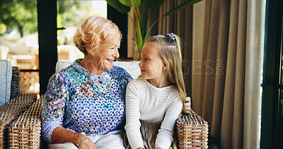 Buy stock photo Family, hugging or relax with grandmother and grandchild on sofa in living room of retirement home for visit. Happy, love or smile with girl and old woman in apartment for weekend conversation