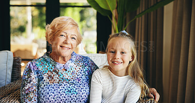 Buy stock photo Portrait, home and grandmother with girl, smile and bonding together with generations, relax and trust. Love, old woman and child with happiness, joy and senior citizen with care, support and family