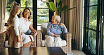 Mother, child and visit grandmother at house with surprise, family reunion and generations together. Smile, senior woman and mom with girl for social gathering, welcoming and bonding for relationship