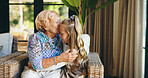 Bonding, family or kiss with grandmother and grandchild on sofa in living room of retirement home for visit. Hug, love or relax with happy girl and old woman in apartment for weekend conversation