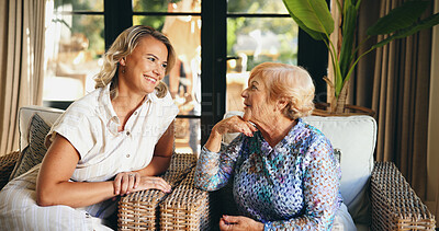 Buy stock photo Lounge, senior mother and woman with communication for bonding together, funny memory and connection. Home, elderly mom and adult daughter with relationship for conversation, catch up and support