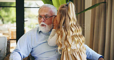 Buy stock photo Whisper, child and grandpa in home, secret and surprised by gossip in living room, fun or listening. House, elderly man and granddaughter with confidential news, bonding or shocked by rumor in lounge