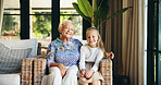 Portrait, home and grandmother with girl, smile and bonding together with generations, trust and love. Face, senior woman and child with happiness, joy and family with care, support and weekend break