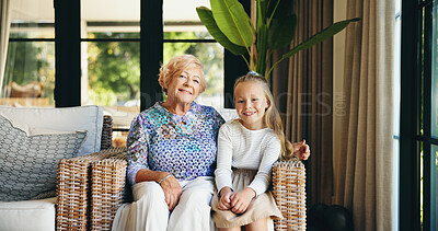 Buy stock photo Portrait, home and grandmother with girl, smile and bonding together with generations, trust and love. Face, senior woman and child with happiness, joy and family with care, support and weekend break