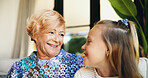 Bonding, family or love with grandmother and grandchild on sofa in living room of retirement home for visit. Happy, relax or smile with girl and old woman in apartment for weekend conversation