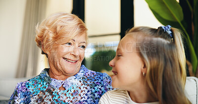 Buy stock photo Bonding, family or love with grandmother and grandchild on sofa in living room of retirement home for visit. Happy, relax or smile with girl and old woman in apartment for weekend conversation