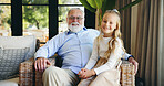 Portrait, home and grandfather with girl, love and bonding together with generations, relax and calm. Face, senior man and child with happiness, joy and smile with care, support and family with trust
