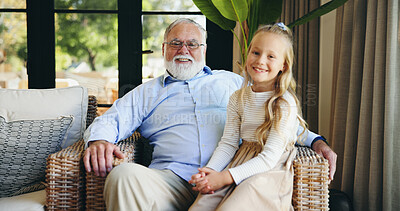 Buy stock photo Portrait, home and grandfather with girl, love and bonding together with generations, relax and calm. Face, senior man and child with happiness, joy and smile with care, support and family with trust