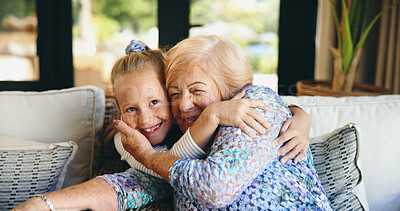 Buy stock photo Portrait, home and grandmother with girl, hug and bonding together with generations, support and love. Face, old woman and child with happiness, senior citizen and granny with care, family or embrace