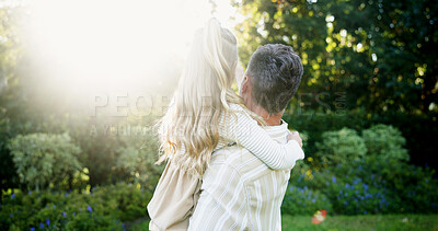 Buy stock photo Backyard, hug or pointing with dad and daughter outdoor together for bonding or love from behind. Family, security or trust with single parent man and girl child in garden of home for development