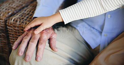 Buy stock photo Holding hands, elderly person and grandchild in home, closeup and bonding with kid in living room and comfort. House, support and family with love in lounge, compassion and affection for grandparent