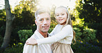 Outdoor, portrait and father with child for carrying, relationship and connection together in park. Family, mature dad and girl with love for bonding, caring and happy on weekend holiday in nature