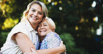 Nature, senior mother and woman in portrait for hug, bonding together and connection. Outdoor, elderly mom and adult daughter with relationship for love embrace, support and family with happiness
