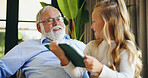 Relax, grandfather and child with tablet in home for educational online video, cartoon app or weekend visit. Love, old man and happy girl with digital tech for gaming subscription or bonding together
