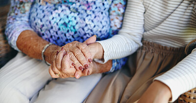 Buy stock photo Holding hands, grandma and grandchild in home, closeup or bonding with kid in living room or comfort. Affection, support and family with love in lounge, compassion or care for elderly person in house