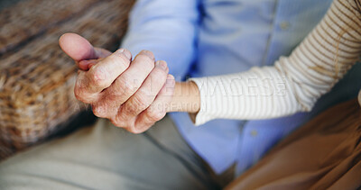 Buy stock photo Holding hands, grandparent and bonding with grandchild, closeup and affection for kid in living room. Empathy, support and family with love in lounge, compassion and care elderly person in house