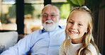Portrait, home and grandfather with girl, smile and bonding together with generations, relax and love. Face, senior man and child with happiness, joy and rest with care, support and family with trust
