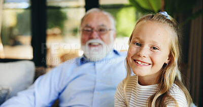Buy stock photo Portrait, home and grandfather with girl, smile and bonding together with generations, relax and love. Face, senior man and child with happiness, joy and rest with care, support and family with trust
