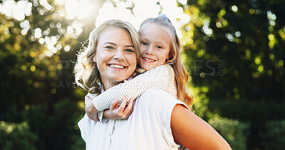 Buy stock photo Outdoor, mother and child with piggyback in portrait together, relationship and connection in park. Happy family, love and mom with girl for carrying, bonding and care with trust on weekend holiday