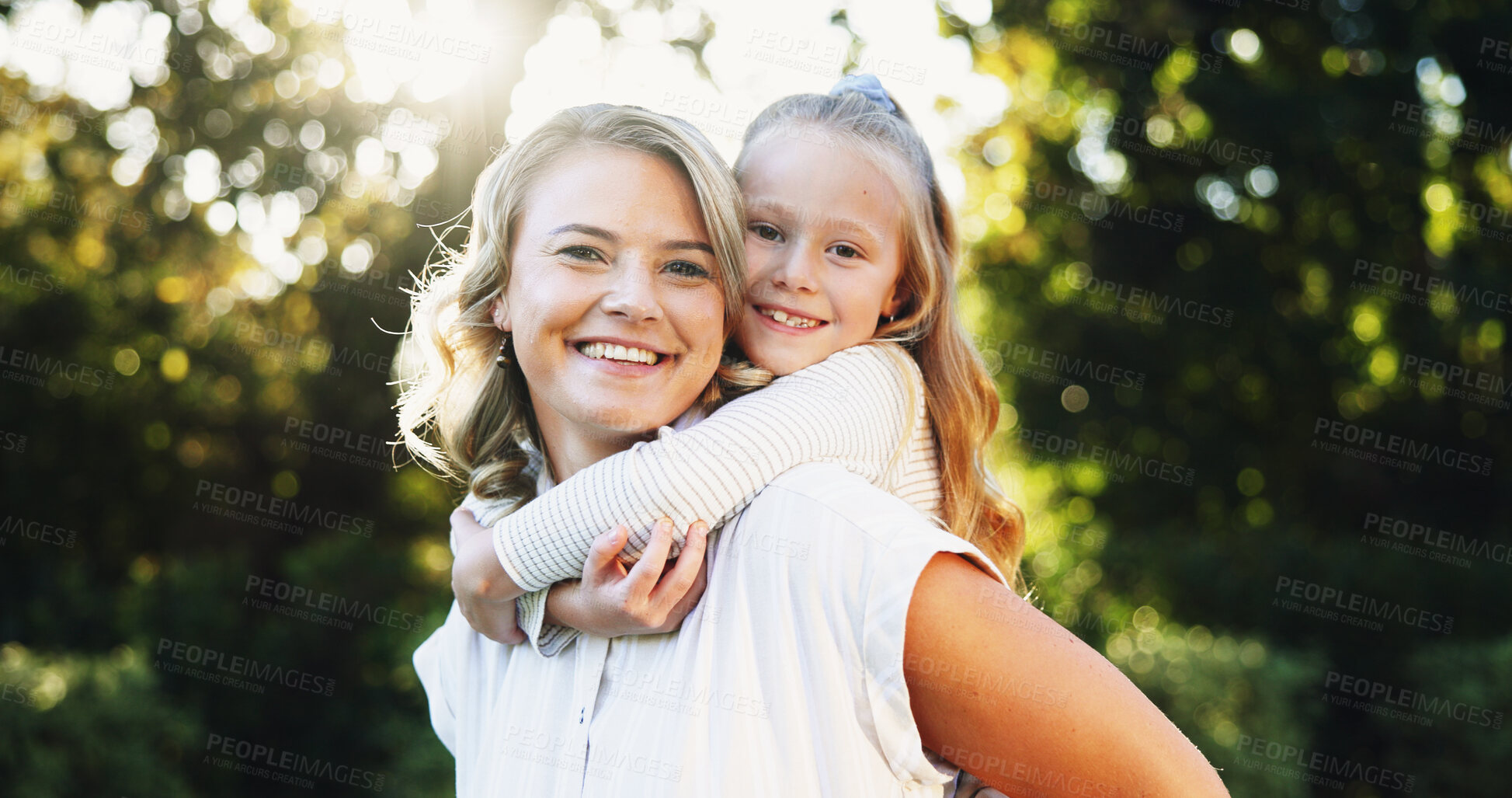 Buy stock photo Outdoor, mother and child with piggyback in portrait together, relationship and connection in park. Happy family, love and mom with girl for carrying, bonding and care with trust on weekend holiday