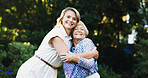 Outdoor, senior mother and woman in portrait for hug, bonding together and connection. Nature, elderly mom and adult daughter with relationship for love embrace, support and family with happiness
