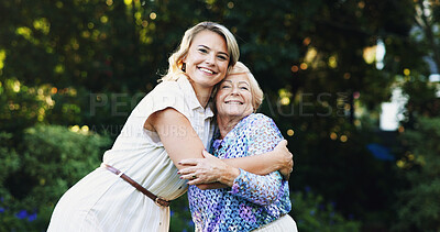 Buy stock photo Outdoor, senior mother and woman in portrait for hug, bonding together and connection. Nature, elderly mom and adult daughter with relationship for love embrace, support and family with happiness