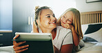 Happy mom, daughter or watching with tablet on bed for online entertainment, show or cartoon at home. Mother, child or kid lying with smile on technology for subscription, app or streaming at house