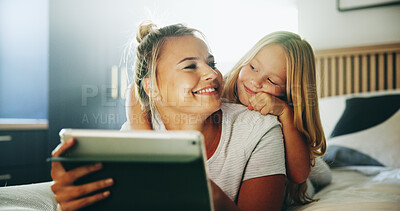 Buy stock photo Happy mom, daughter or watching with tablet on bed for online entertainment, show or cartoon at home. Mother, child or kid lying with smile on technology for subscription, app or streaming at house