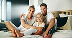 Portrait, parents and hug child in bedroom for love, security and trust for bonding together. Smile, people and embracing with girl for support, affection and family relationship for weekend at house