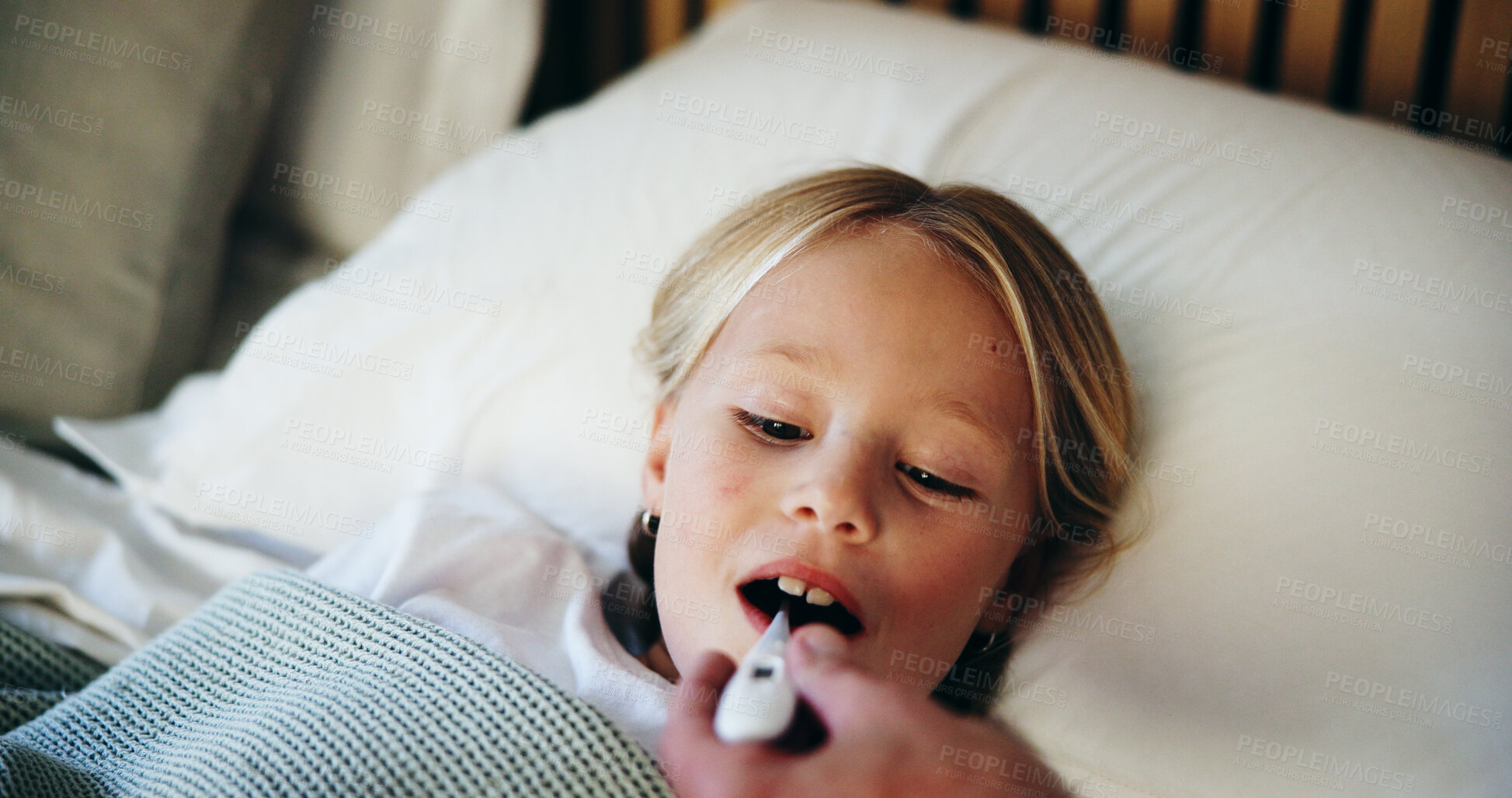 Buy stock photo Bedroom, thermometer and sick with girl, parent and illness with symptoms, disease and care. Home, family and daughter in bed, checking fever and temperature with influenza, cold and monitor child