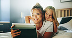 Happy mom, child and relax with tablet on bed for online entertainment, show or cartoon at home. Mother, daughter or kid lying with smile on technology for subscription, app or streaming in bedroom