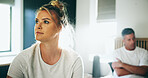 Frustrated couple, argument and fight in bedroom for disagreement, divorce or breakup at home. Upset, woman and man with ignore or affair for toxic relationship, dispute or conflict on bed at house
