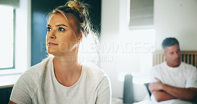 Buy stock photo Frustrated couple, argument and fight in bedroom for disagreement, divorce or breakup at home. Upset, woman and man with ignore or affair for toxic relationship, dispute or conflict on bed at house