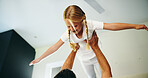 Home, hands and child with airplane for playing, laughing and bonding together with happy smile. Bedroom, parent and girl with funny game for connection, childhood activity and support for relaxing