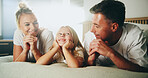 Happy, parents and relax with child in bedroom for love, security and bonding together on bed. Smile, people and resting with girl for support, care and family relationship for weekend break at house