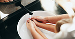 People, tap and washing hands with water in basin for hygiene, disinfection or cleanliness at home. Parent, child and rinse with kid, faucet or sink in bathroom for bacteria or germ removal at house